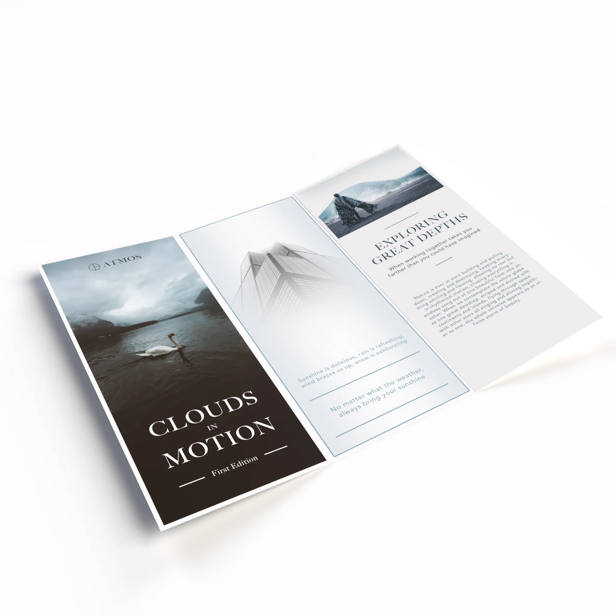 Open book titled 'Clouds in Motion' on a white background