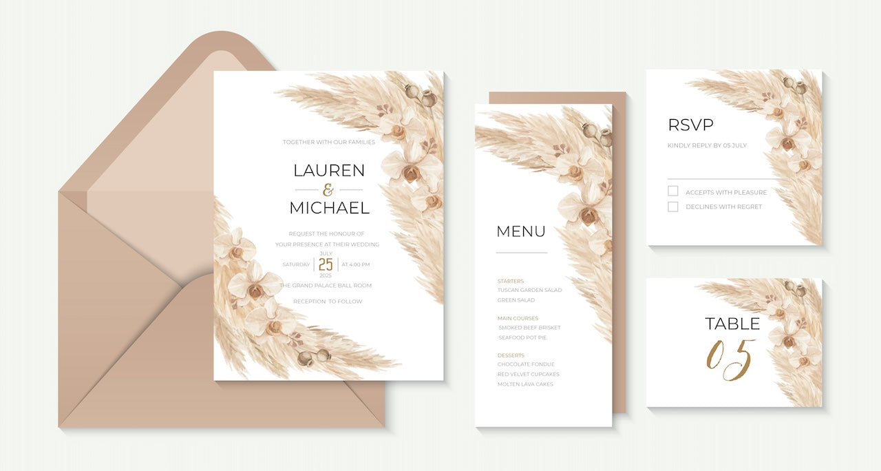 wedding stationary in tan and fall colors