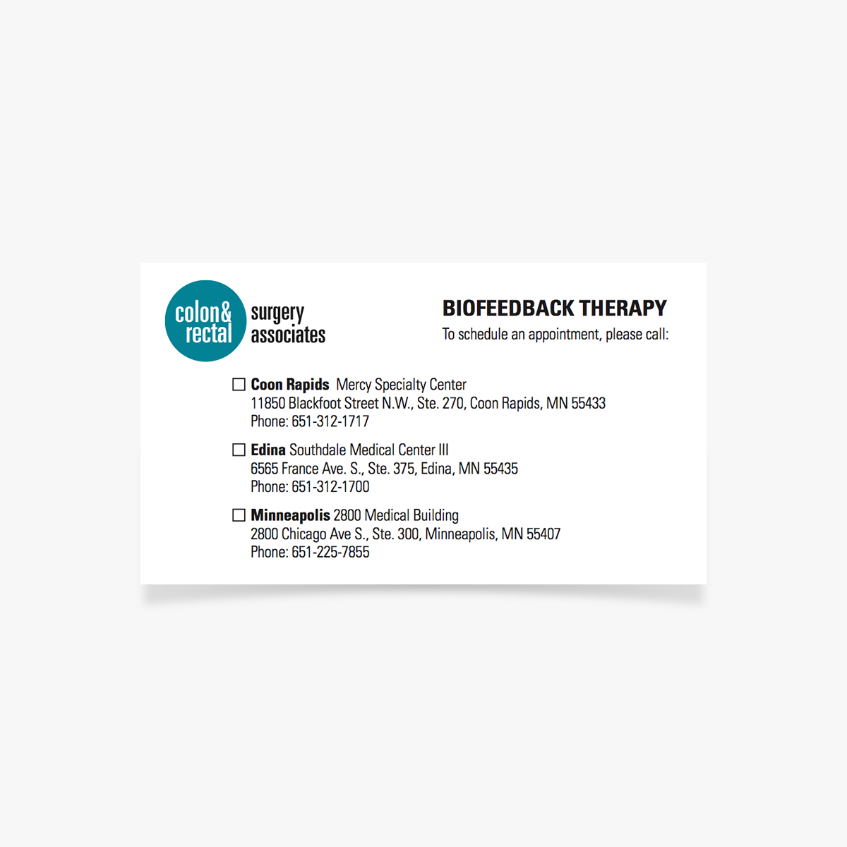 CORP-BC23 Biofeedback Appt Card